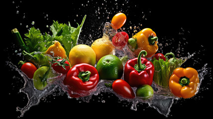 Fototapeta na wymiar Flying Cuts of Colorful Vegetables and Water Drops