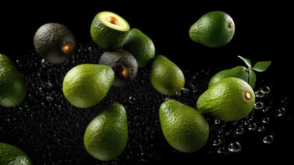 Fototapeta na wymiar fresh avocados flying in the air on black background
