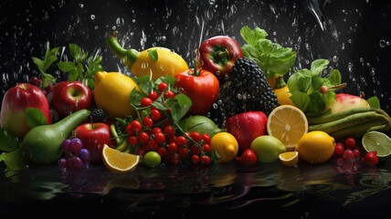 assortment of fresh fruits and water splashes