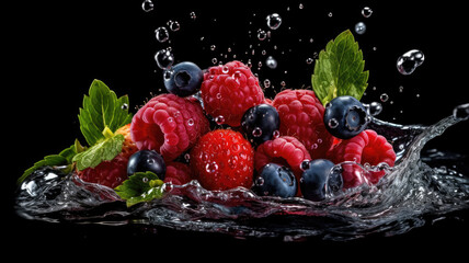 Fototapeta na wymiar Blueberries, raspberries and mint leaves falling in water