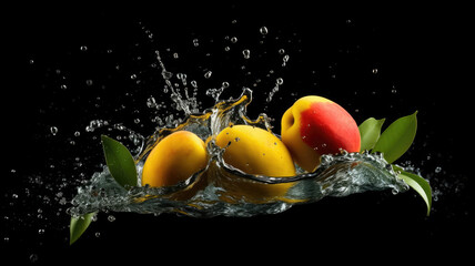 Fototapeta na wymiar Whole and sliced mango with splashes of fresh juice,