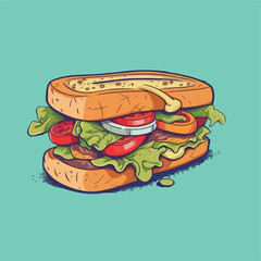 Tasty sandwich with cheese, tomato and vegetables on solid color background, vector illustration