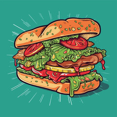 Tasty sandwich with cheese, tomato and vegetables on solid color background, vector illustration