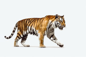 Fototapeta na wymiar Tiger walking on white background. Generative AI technology.