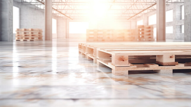 Wooden pallet stacked in empty warehouse closeup Generative AI