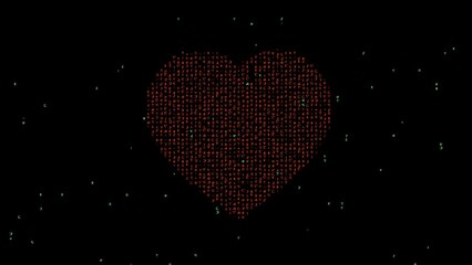 Red heart shape with matrix code on plain black background