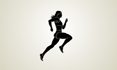 Monotonous silhouette of a running girl on a light background. Vector image.