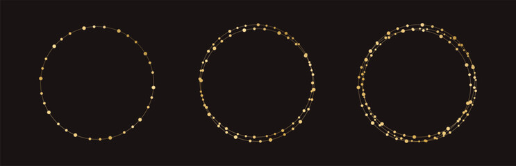 Gold Round Christmas Fairy Lights Frame Border Set. Abstract golden dots circle frame collection.
