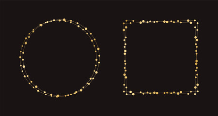 Gold Christmas Fairy Lights Frame Border Set. Abstract geometric golden dots circle frame collection.