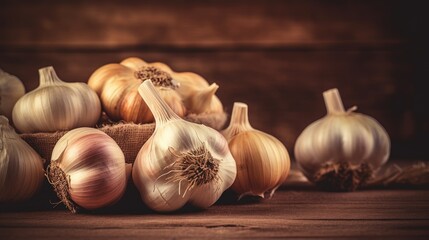 Garlic on wooden background created using generative AI tools