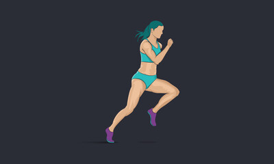 A running woman. Vector illustration. Silhouette of a sporty girl on a dark background.