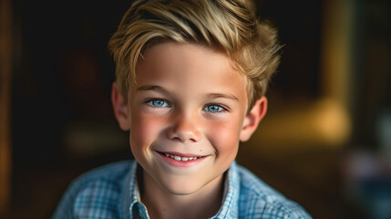 A portrait of a young boy with a mischievous smile, his eyes sparkling with curiosity. Generative AI