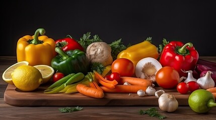 Different colorful Vegetables on a wooden table created using generative AI tools