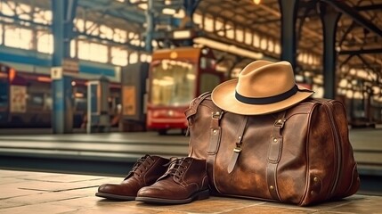 Obraz na płótnie Canvas Straw hat and luggage in a train station. Travel concept idea created using generative AI tools