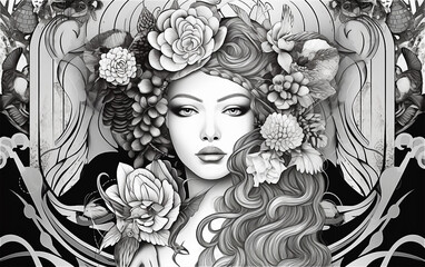 A black and white coloring page for adults drawing of a woman with flowers in her hair
