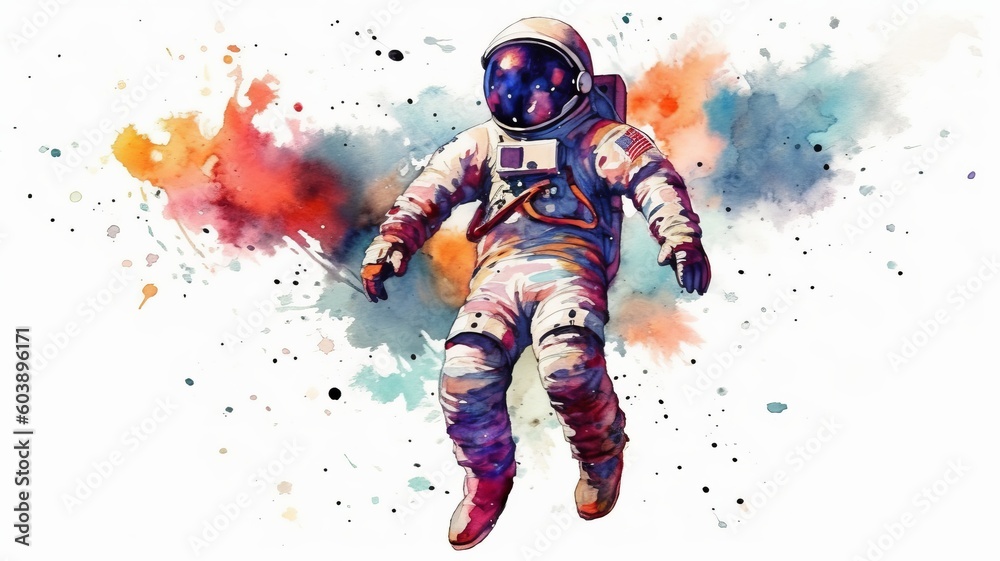 Wall mural astronaut and universe planets watercolor white background generative ai