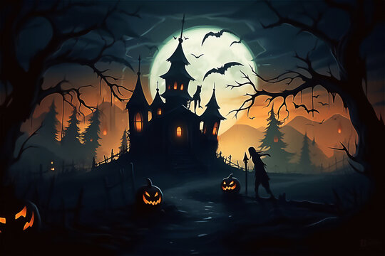 Halloween Spooky Nighttime Scene with pumpkins, spider, zombies. Post processed AI generated image