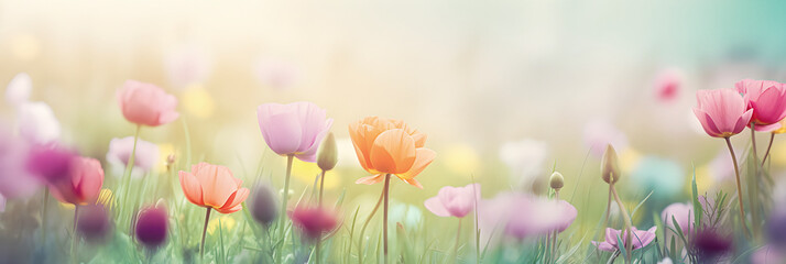 Obraz na płótnie Canvas Beautiful colourful bloomed flower field, summer soft background. Ai generated