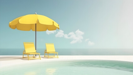Swimming pool with yellow beach umbrella and chairs. Yellow summer vacation concept. AI generated
