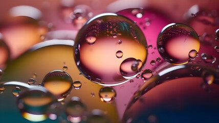 Oil bubbles in water on colorful background, close up, macro. AI generated