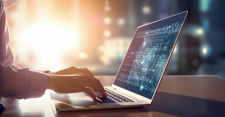 Software development concept. Coding programmer, software engineer working on laptop, sunset light. AI generated