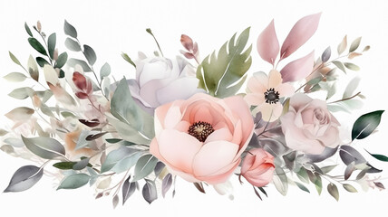 Green leaves and blush pink flowers on white background. Watercolour hand painting. Ai generated