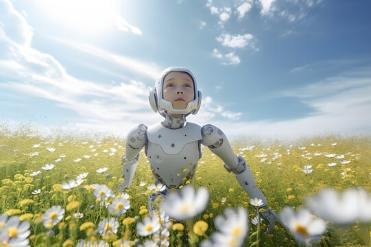 Human like child robot concept, in summer flower field, super realistic, sun light. Ai generated