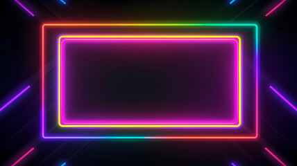Rectangular Colourful neon border on dark  background,  copy space. AI generated