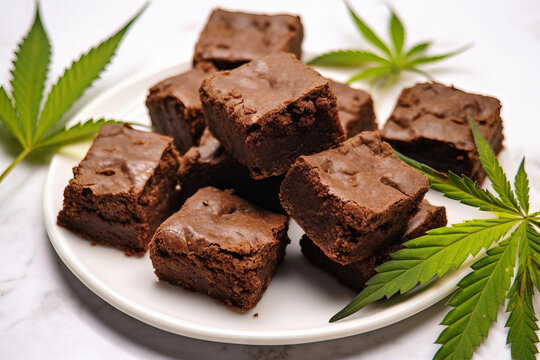 weed brownies on a white plate with white background