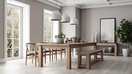 Elegant coastal style dining room with a wooden table and chairs and indoor plants, Scandi interior design AI generated