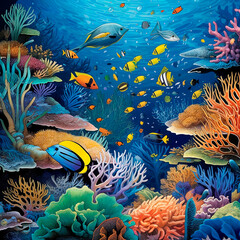 Fototapeta na wymiar Underwater landscape, coral reef and fishes. Generative AI