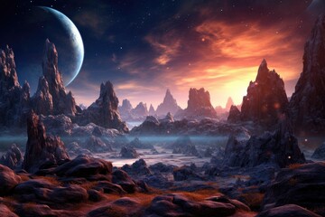 Space digital artwork. Surreal fantasy cosmos. Nebula with planets and stars.Generative AI