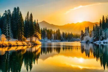 Fototapeta na wymiar sunset over the mountain with lake by AI generative