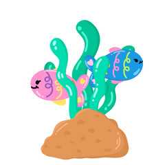 Fish and coral  cartoon hand draw