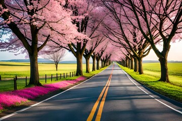 spring in the park and road by AI generative
