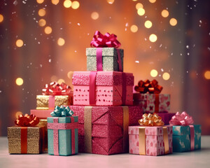 Obraz premium Celebrate in style with our vibrant banner featuring a multitude of gift boxes adorned with velvet ribbons and paper decorations. Perfect for Christmas or birthdays, colorful background,