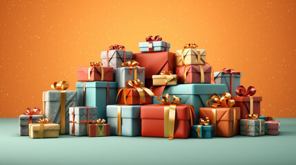 Celebrate in style with our vibrant banner featuring a multitude of gift boxes adorned with velvet ribbons and paper decorations. Perfect for Christmas or birthdays, colorful background,