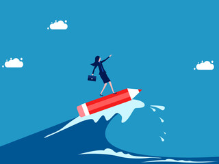 Fight the crisis with creativity. Businesswoman surfing the sea with a pencil vector
