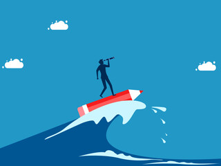 Fighting crises with creativity and vision. man leader surfing the ocean waves with a pencil vector