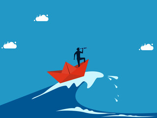 Overcome crises with patience and vision. man surfing sea waves with paper boat vector