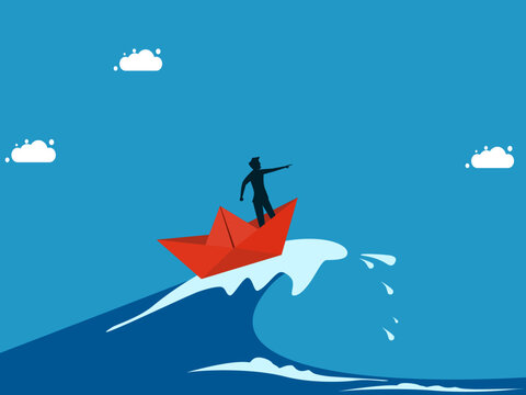 Get Through The Crisis With Patience. Man Surfing Sea Waves With Paper Boat Vector