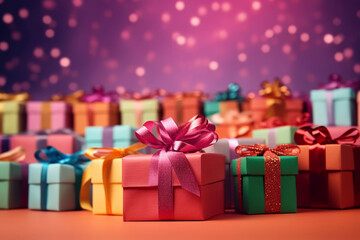 Obraz premium Celebrate in style with our vibrant banner featuring a multitude of gift boxes adorned with velvet ribbons and paper decorations. Perfect for Christmas or birthdays, colorful background,
