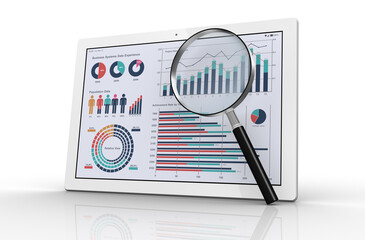 ビジネスデータを表示するタブレットを虫眼鏡で検索する、データ分析・検討のイメージ