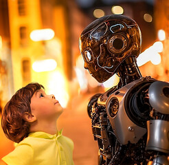 a little boy looks at a robot against the background of evening city lights close-up. Generative Ai