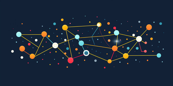 Neural network: A flat-style illustration of a neural network with interconnected nodes and lines, showcasing how AI algorithms learn and make decisions. Generative AI.
