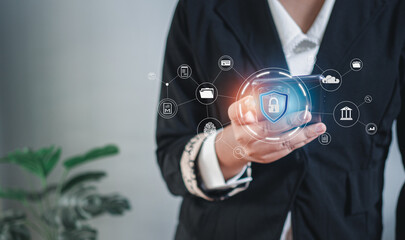 Businesswoman fingers are pressing on the phone screen. Represents protection against external...