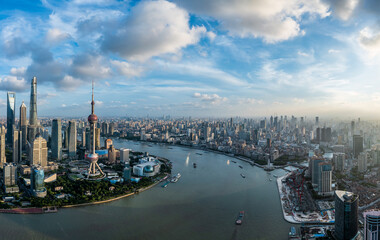Aerial view of Shanghai city skyline and modern buildings at sunset, China. Panoramic view.