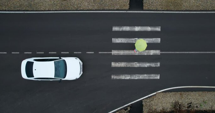 White car stops in front of a pedestrian crossing to let a girl with an umbrella pass, aerial view. Compliance with traffic rules. Woman crosses the road at a pedestrian crossing in the proper place