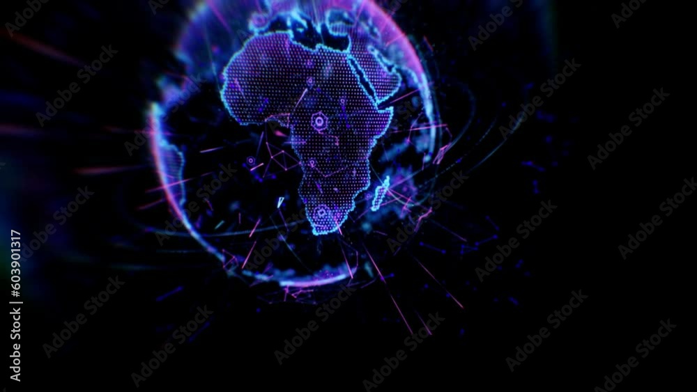 Poster global network, globe hologram with worldwide communication and map with digital transformation. 3d 