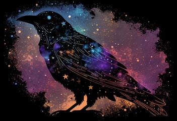 Raven made of the night sky; galaxy night sky raven silhouette design, cosmic jeweltone colors literary mystical, witchy vibe with nods to Odin and Edgar Allan Poe (generative AI, AI)